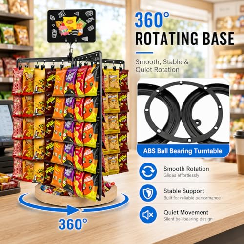 Chip Rack Display Stand, 360° Rotating 6-Sided Chip Holder Display for Countertop with 75 Adjustable Clips, Wooden Base Tray, DIY Message Board & Pen, Snack Display Rack for Concession Stand, Retail, Office, Parties - size: Rotatable use