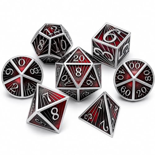 Radiant Array Metal DND Dice Set, 7-Piece Black Red Dice | Solid zinc alloy dice with weighty feel, raised numbers, black red enamel design, and a collector box for RPG play. - color: Black