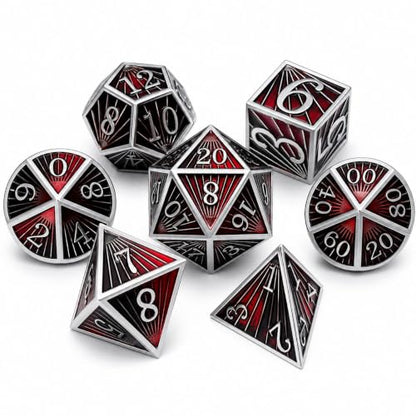 Radiant Array Metal DND Dice Set, 7-Piece Black Red Dice | Solid zinc alloy dice with weighty feel, raised numbers, black red enamel design, and a collector box for RPG play. - color: Black
