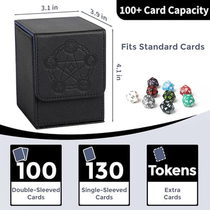Card Deck Box with 2 Dividers, MTG Commander Deck Box Holds 100+ Double-Sleeved Cards, Leather Magnetic Deck Case Compatible with Magic TCG CCG Cards, Black - color: 2. Black 04, size: 100 Double-sleeved Cards Vertical