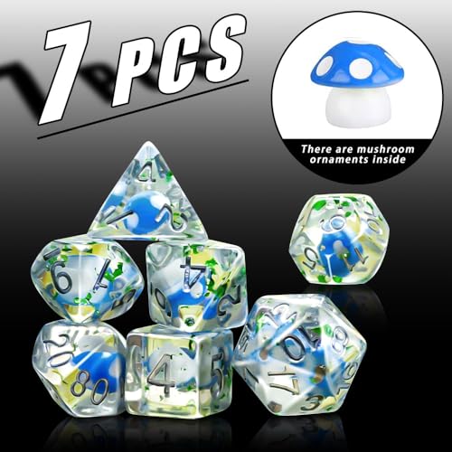DND Dice Set, 7 Polyhedral Dice with Mushroom Design Inside, D20 Gaming Dice for Dungeons and Dragons, Clear Blue