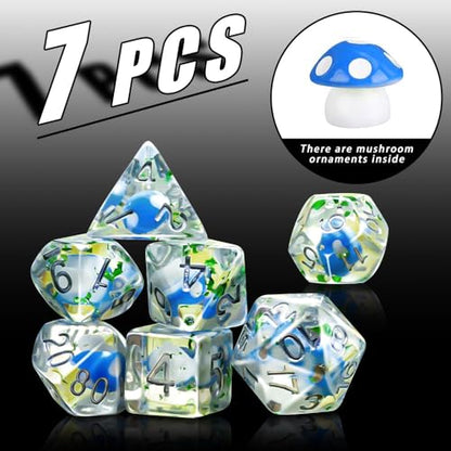 DND Dice Set, 7 Polyhedral Dice with Mushroom Design Inside, D20 Gaming Dice for Dungeons and Dragons, Clear Blue