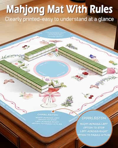 Mahjong Mat Table with Rules Mah Jong Mat Neoprene Travel Chinoiserie Floral Majong Learning Mat Instructions Mahjong Gifts Women Unique Non-Slip Rubber Pad, 31.5" x 31.5", Cocktail - color: Cocktail, size: 31.5" x 31.5"