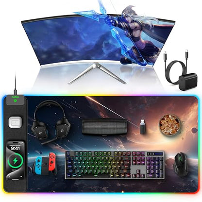TopMade Wireless Charging Mouse Pad, RGB Gaming Mousepad Home Office Desk Pad, 31.5” x 15.8” Large Desk Mat, Waterproof Keyboard Pad, Cosmic Planet (Includes 20W PD Power Adapter & 6.56ft Woven Cable) - color: Upgraded Rgb - Cosmic Planet With Adapter
