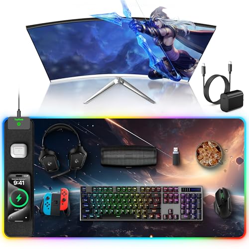 TopMade Wireless Charging Mouse Pad, RGB Gaming Mousepad Home Office Desk Pad, 31.5” x 15.8” Large Desk Mat, Waterproof Keyboard Pad, Cosmic Planet (Includes 20W PD Power Adapter & 6.56ft Woven Cable) - color: Upgraded Rgb - Cosmic Planet With Adapter