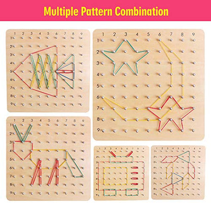 Wooden Geoboards - Montessori STEM Toy with Pattern Cards for Kids Ages 3+ | Pattern Cards & Rubber Bands, Geometric Shape Learning, Classroom STEM Tool, Brain Teaser Gift - size: 7.9*7.9 in