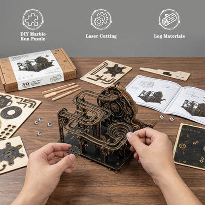 3D Wooden Puzzles for Adults, Mechanical Marble Run Model Kits to Build, DIY Wooden Puzzle with 6 Steel Marbles, Unique Birthday Gifts for Women Men - color: Darkwood Golden Wheel