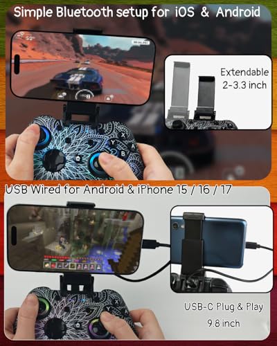 WZUICOV RGB Multi-Platform Game Controller for Switch, Phone, Tablet, PC, TV Box & Tesla - Bluetooth & Wired USB-C, with C-A Adapter, Phone Holder + Extra 25mm Cable - color: Geometric Space