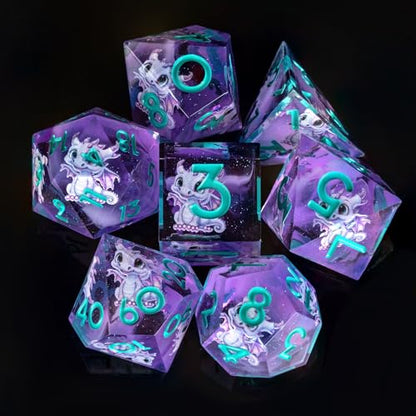 Double Layered Resin Dice Set 7pcs d4 d6 d8 d10 d12 d20 Dragon Pattern& Blue umbers Sharp Edged Polyhedral Dice Apply to D&D DNDRole Playing Game RPG Party Gift - color: Purplish Blue