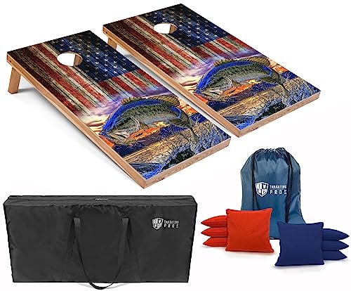 Tailgating Pros Cornhole Board Set w/Bean Bags and Carrying Case - 4'x2' Corn Hole Toss - Tournament and Lightweight Options - Optional LED Lights - color: Fish/American Flag, size: 4'x2' Boards