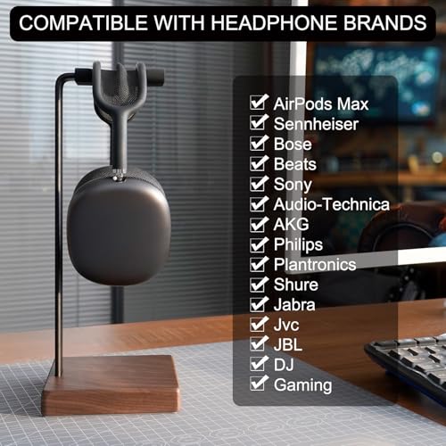 GEVO Headphone Stand Headset Holder - Headset Metal Mount Rack for Desk with Walnut Wooden Square Base for Gaming, AirPod Max, Bose, Sony, Razer, Jabra, JBL