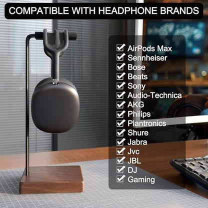 GEVO Headphone Stand Headset Holder - Headset Metal Mount Rack for Desk with Walnut Wooden Square Base for Gaming, AirPod Max, Bose, Sony, Razer, Jabra, JBL