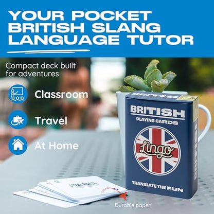 Lingo British Slang Playing Cards in Premium Travel Tin | Learn Funny British English Expressions | Luxury Gift Box for Anglophiles & London Travelers | Hilarious Card Game for Adults