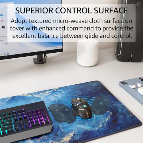 KTRIO Large Gaming Mouse Pad, Desk Mat, 31.5 x 11.8 in, Blue Marble, XL | Smooth Micro-Weave Surface, Artistic Pattern Design, Non-Slip Rubber Base, Durable Stitched Edges, Office & Home Use - color: Blue Marble, size: 31.5l X 11.8w Inches
