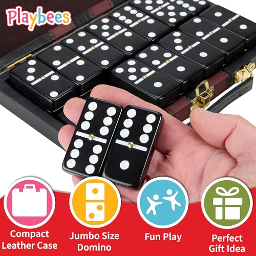 Playbees Jumbo Double Six Dominoes Set - 28 Black Classic Tiles in Faux Leather Case - Fun Educational Toy for Kids, Boys, Girls, Classroom Kit, Classic Game Night Party Favors Set, Travel-Friendly - size: Black