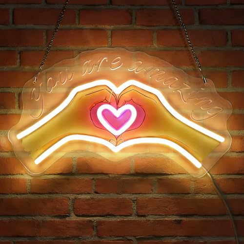 LED You Are Amazing Neon Sign Light Up Heart Hands Lights Lighted Neon Signs for Bedroom Dorm Hallway Garage Bar Gaming Room Man Cave Wall Decor Art Gifts - color: You are amazing