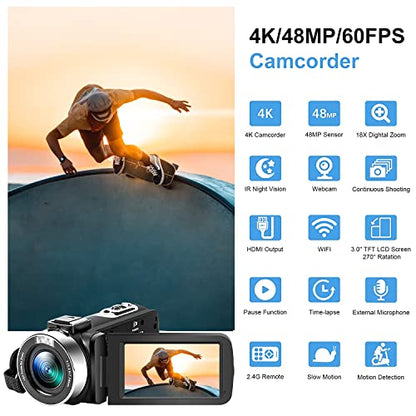 Acuvar 4K Video Camera Camcorder 48MP Auto Focus 60FPS WiFi Vlogging Camera for YouTube 18X Zoom Digital Camcorder with Mic, Stabilizer, SD Card Reader, 64GB Micro SD Card, YouTube Vlogging Kit - style: Basic Camcorder