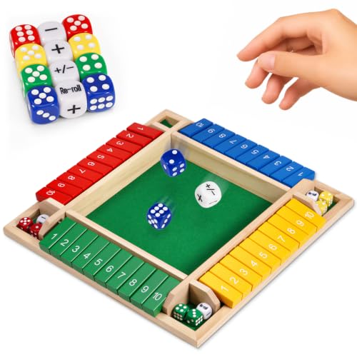 Shut the Box Game, 8.7" Portable Wooden Board Game with Upgraded Mechanics (+, −, +/−, Re-Roll), Math Dice Game for Kids, 2–4 Players, for Classroom, Travel & On-the-Go Play