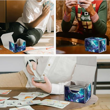 Magnetic Closure TCG Deck Box Portable Card Holder Trading Card Deck Box | PU Leather Collectible Card Case Game Trading Card Deck Box Storage Scratch Resistant Lining, Blue And Purple Glowing Wolf - color: Blue And Purple Glowing Wolf