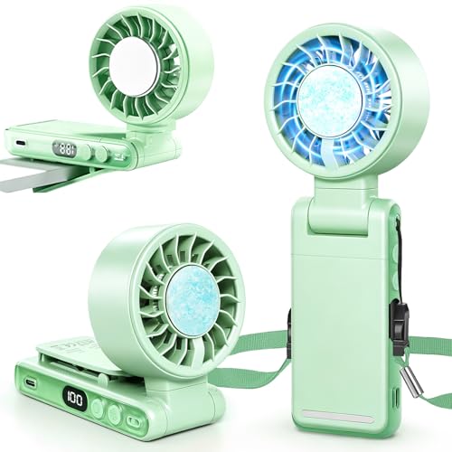 Handheld Portable Turbo Fan with Ice Cooling,5 Speed Rechargeable LED Display Foldable Hand Held Personal Clip/Neck/Waist Fan,180°& 360° Adjustable,Pocket Mini Fan for Outdoor/Home/Office (Green) - color: Green