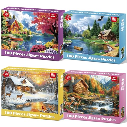4-Pack 100 Piece Puzzles for Adults 4 Seasons Country Cottages - color: Country Cottages