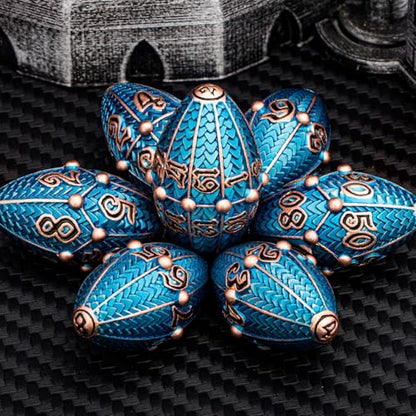 ARUOHHA DND Metal Dice Copper Blue Dragon Egg Dice with Rotating Dragon Egg Shell, Role Playing Game RPG Polyhedral D and D Dice Set D20 D12 D10 D8 D6 D4 - color: Copper Blue