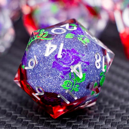 ARUOHHA Liquid Core DND Dice Set, Vampire Sharp Edged Dragons Dice Compatible with D&D RPG Role Playing Games, Resin Blood Red Polyhedral Dungeons D and D Dice with Gift Box D20 D12 D10 D8 D6 D4 - color: Rose - Silver Purple