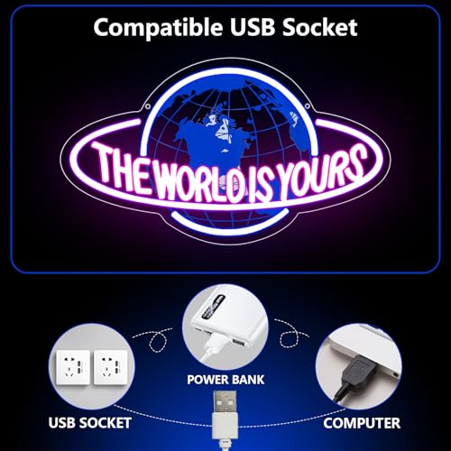 The World is Yours Neon Sign, Led Neon Light Signs for Game Room Wall Decor Gaming Planet LED Light up Sign Lamp for Man Cave Party Bedroom Bar Birthday Gamer Gift Dimmable USB Powered(16.2"*9.5") - style: The World 1
