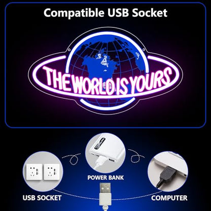 The World is Yours Neon Sign, Led Neon Light Signs for Game Room Wall Decor Gaming Planet LED Light up Sign Lamp for Man Cave Party Bedroom Bar Birthday Gamer Gift Dimmable USB Powered(16.2"*9.5") - style: The World 1