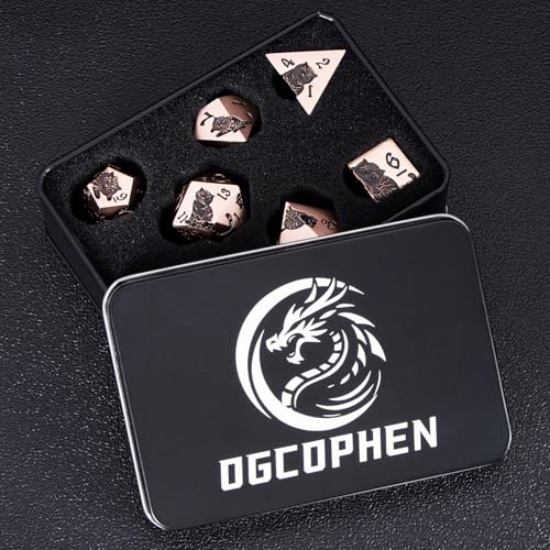 Metal DND Cat Dice 7PCS Polyhedral RPG Dice Set with Gift Case for Dungeons Dragons Role Playing Game, D and D Dice D6 D8 D10 D12 D20 D% (Copper Black) - color: Cat-copper Black