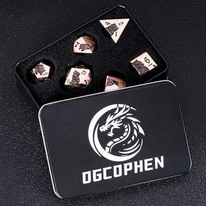 Metal DND Cat Dice 7PCS Polyhedral RPG Dice Set with Gift Case for Dungeons Dragons Role Playing Game, D and D Dice D6 D8 D10 D12 D20 D% (Copper Black) - color: Cat-copper Black