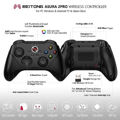 BEITONG Asura 2 Pro PC Game Controller Wireless Gamepad Joystick Hall Effect Trigger For Windows 7 8 10 11,Android TV,Steam,Tesla,Simulator,with Programmable M Buttons (Black) | Hall Effect Trigger, Wireless Gamepad, Programmable M Buttons, Mechanical But