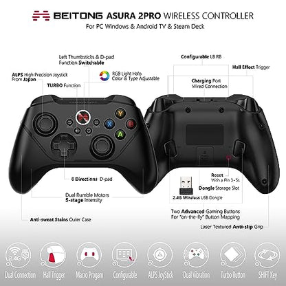BEITONG Asura 2 Pro PC Game Controller Wireless Gamepad Joystick Hall Effect Trigger For Windows 7 8 10 11,Android TV,Steam,Tesla,Simulator,with Programmable M Buttons (Black) | Hall Effect Trigger, Wireless Gamepad, Programmable M Buttons, Mechanical But