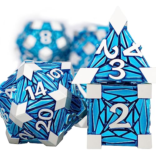 7PCS Metal DND Dice Set with Box, Debris RPG Blue D and D Dice for use with D&D Tabletop Games Role Playing Game Polyhedral Dice Set D20 D12 D10 D8 D6 D4 - color: Silver Blue