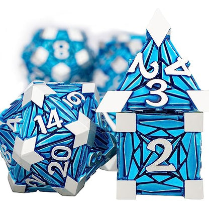 7PCS Metal DND Dice Set with Box, Debris RPG Blue D and D Dice for use with D&D Tabletop Games Role Playing Game Polyhedral Dice Set D20 D12 D10 D8 D6 D4 - color: Silver Blue