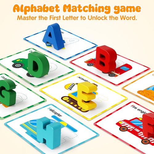 Wooden Vehicle Alphabet Puzzle for Toddlers, Traffic ABC Letter Sight Words Matching Game with 52 Blocks and Flash Cards, Spelling Game Toys, Kindergarten Preschool Learning Activities