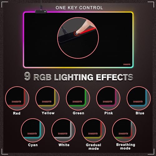 ZORESYN Large RGB Gaming Mouse Pad, 47.2x19.7 Inch Extended LED Mousepad with 9 Lighting Modes, Non-Slip Rubber Base, Smooth Surface, USB-C Powered, for PC Laptop Computer Gamer - Black - size: 47.2L x 19.7W inches