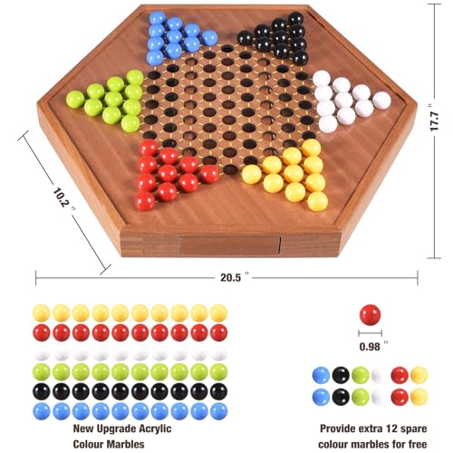 AMEROUS Large 20.5 inches Wooden Chinese Checkers Set with Storage Drawer - 60 Acrylic Marbles in 6 Colors - 12 Bonus Spare Marbles, Classic Strategy Family Board Game for Adults