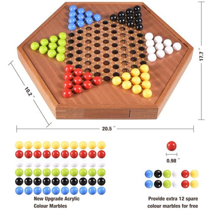 AMEROUS Large 20.5 inches Wooden Chinese Checkers Set with Storage Drawer - 60 Acrylic Marbles in 6 Colors - 12 Bonus Spare Marbles, Classic Strategy Family Board Game for Adults