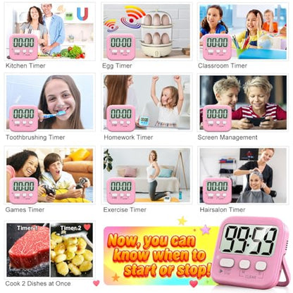 2 Pack Digital Timer for Kids Classroom Kitchen Timers for Cooking | w/ Battery, Easy to View, Alarm, Mute Mode, Count Down/Up, Magnetic, Kickstand, Hanging, Classroom Timer for Teacher Supplies - color: Relaxing Pink