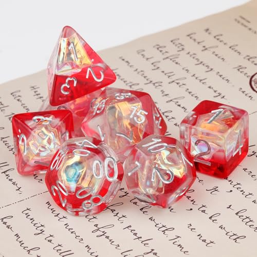 Haxtec Red Clear DND Dice Set, 7 Pcs Iridescent Resin Polyhedral RPG Dice | Role Playing Games Dice with Velvet Bag, Rounded Edge, Compatible with Dungeons and Dragons, Gifts for D&D Lovers - color: Red White