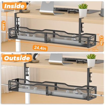 Under Desk Cable Management Tray, No Drill Steel Desk Cable Organizers, Wire Management Tray Cable Management Rack (24.4" Length-Black) - color: 1 Pack-24.4"-Black