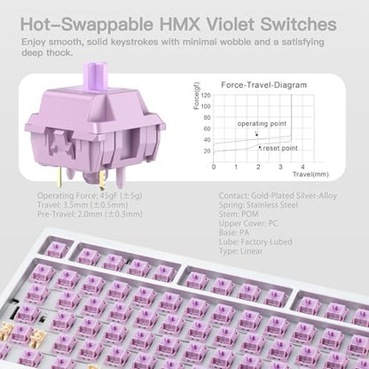 KEEBMONKEY WOBKEY Rainy 75 CNC Aluminum HMX/JWK/Cocoa Switches Triple-Mode Connectivity Mechanical Keyboard with Superior Acoustics, No RGB/PP/Mirrored Glass/3500mAh/Violet Switch (Lite - Silver) - style: Lite - Silver