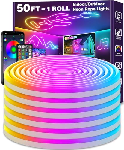 50Ft Neon Rope Lights,Flexible Led Rope Lights Control with App/Remote,Multiple Modes Rope Lights,IP65 Outdoor RGB Led Neon Lights Waterproof,Music Sync Gaming Led Neon Light Strip for Bedroom Decor - size: 50 ft