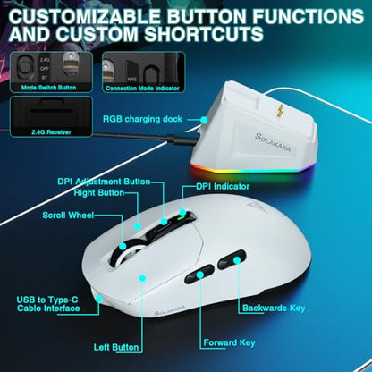 SOLAKAKA SM820 Wireless Gaming Mouse with RGB Charging Dock,24000 DPI Tri-Modes Wireless Mouse with 2 Side Buttons,Programmable Macro Mouse for Gaming(White) - color: white