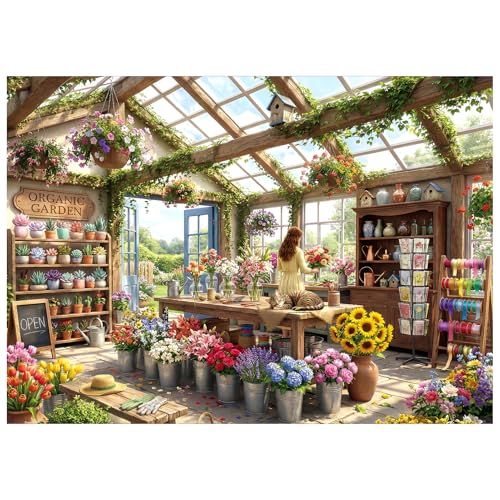 Cozy Flower Shop Puzzles for Adults 1000 Pieces,Cardboard 27.5x19.6in | Serene Floral Greenhouse Scene,Woman Arranging Flowers&Sleeping Cat,Challenging Puzzle for Family Game,Letters on Back - color: Cozy Flower Shop