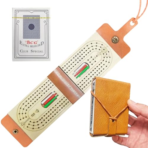 Foleto Travel Cribbage Board Game – 3-Track Leather Set w/Cards & Pegs | Folds 3.9x2.7x1.2in, unfolds 8in | wood+leather | 6 pegs+cards | 2-3 players | travel/camping/family