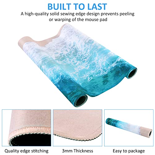 iCasso Extended Gaming Mouse Pad,35.4 x 15.7in Desk Pad,Beach | Non-Slip Rubber Base Mousepad with Stitched Edges,Waterproof Keyboard Mouse Mat for Work Home Game Office - color: Beach