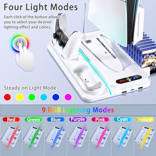 heclynis PS5 Cooling Stand for PS5/Slim/Pro, Dual Charger, RGB | Sturdy stand for PS5/Slim/Pro cools console, charges 2 controllers, stores 12 games and adds RGB lighting