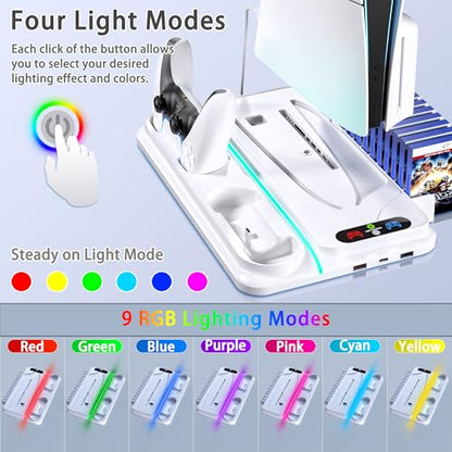 heclynis PS5 Cooling Stand for PS5/Slim/Pro, Dual Charger, RGB | Sturdy stand for PS5/Slim/Pro cools console, charges 2 controllers, stores 12 games and adds RGB lighting